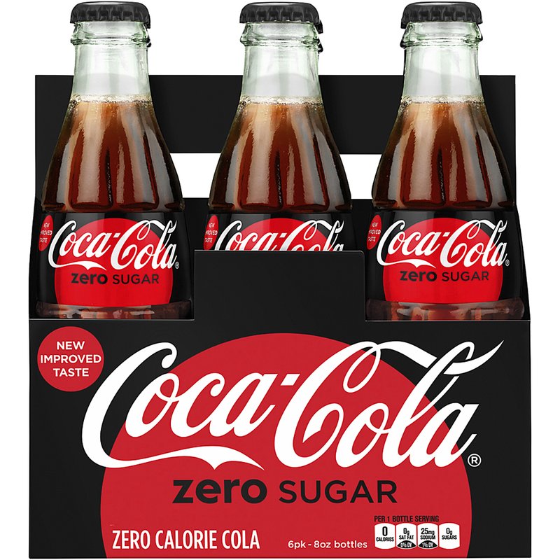 This photo provided by Coca-Cola shows a six-pack of bottled Coca-Cola Zero Sugar. 