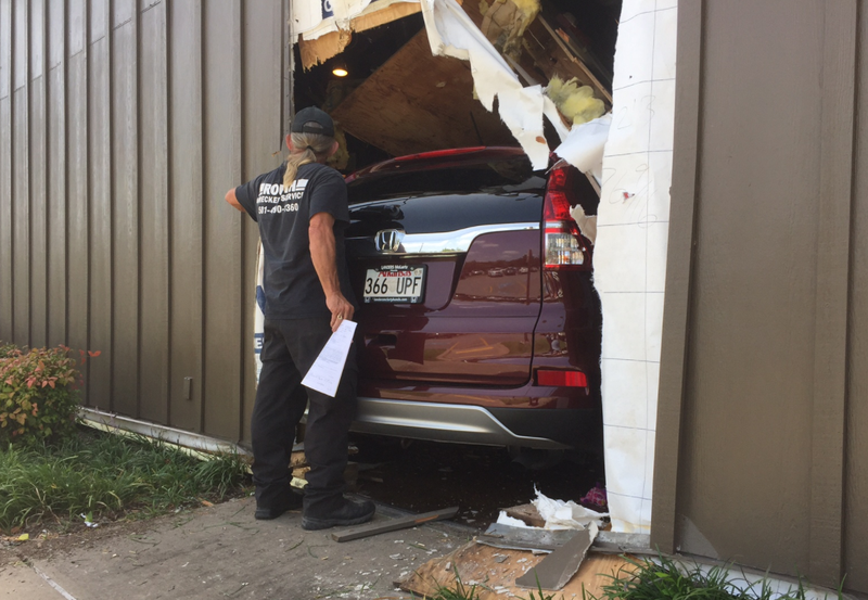 A Honda CRV crashed into the side of a west Little Rock Cracker Barrel on Wednesday, July 26, 2017. 