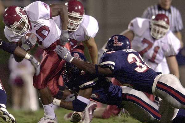 Arkansas running back Fred Talley carries the ball during a game against Ole Miss on Saturday, Nov. 3, 2001, in Oxford, Miss.