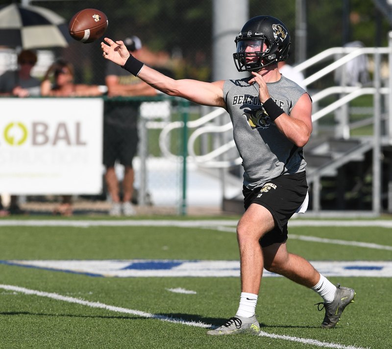 NWA Democrat-Gazette/J.T. WAMPLER Bentonville High quarterback Nathan Lyons fires a pass downfield during the final game of the annual Southwest Elite 7-on-7 tournament at Shiloh Christian Saturday July 15, 2017. Limits will be put on such summer events if Proposal No. 6 is passed during the Arkansas Activities Association's annual meeting of the governing body, which will be held Monday in Little Rock.