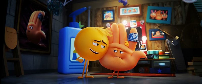 Emoticons Gene (voice of T.J. Miller) and Hi-5 (James Corden) must find a way to save Textopolis, a bustling
digital city, before it is deleted in The Emoji Movie.