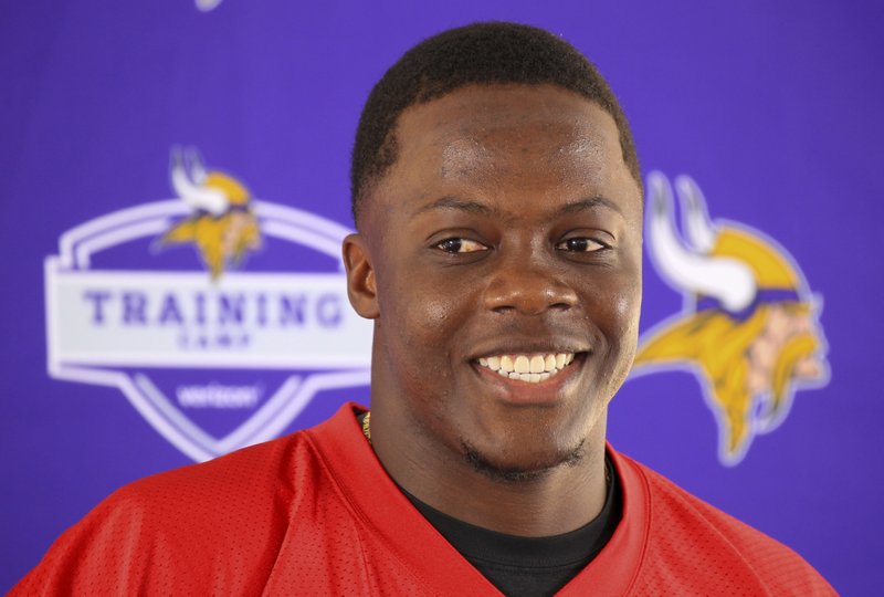 Minnesota Vikings quarterback Teddy Bridgewater speaks at his first press conference since his knee injury last year, during an NFL football training camp in Mankato, Minn., Thursday, July 27, 2017.