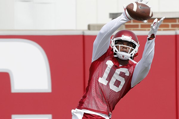 Arkansas receiver La'Michael Pettway catches a pass during practice Thursday, July 27, 2017, in Fayetteville. 