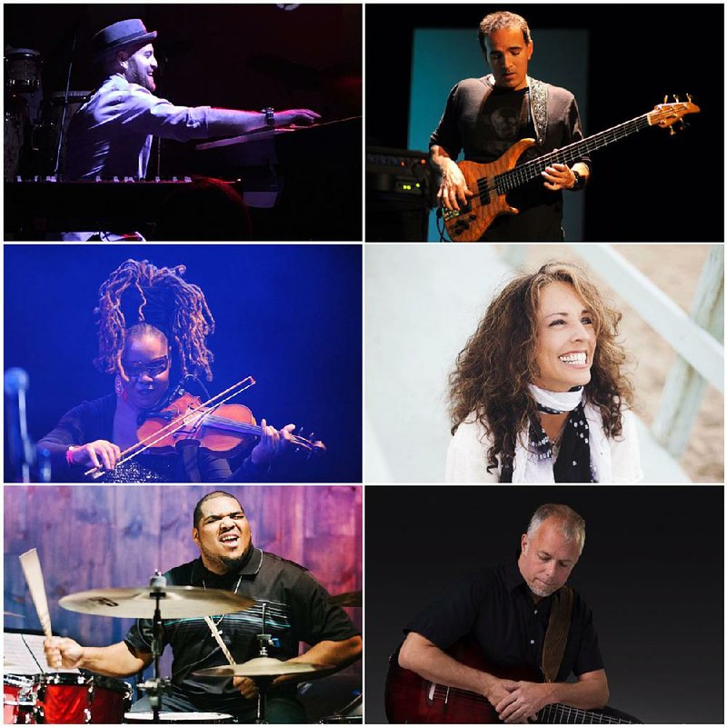 The six-piece Lao Tizer Band — (clockwise from top left) Lao Tizer, keyboards; Ric Fierabracci, bass; Tita Hutchison, vocals; Chieli Minucci, guitar; Gene Coye, drums; and Karen Briggs, violin — headlines the seventh annual “A Work of Art” on Saturday at Wildwood Park for the Arts in Little Rock.
