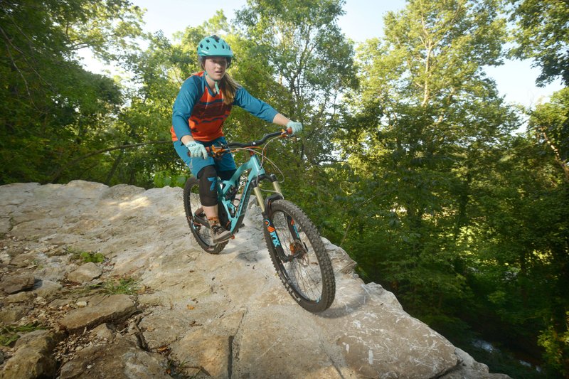Jordan Sauls of Centerton rides the Rock Solid trail July 20 at Coler Preserve in Bentonville. Sauls is one of the top young female mountain bikers in Northwest Arkansas and a member of the Bentonville West NICA team.