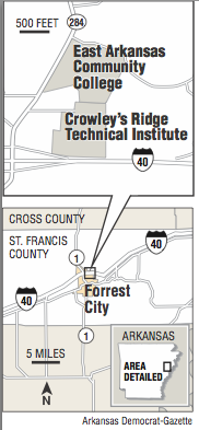 Map showing the location of East Arkansas Community College and Crowley’s Ridge Technical Institute