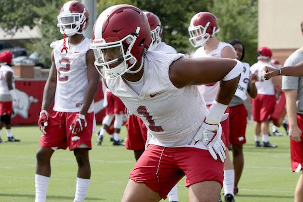 Arkansas Razorback cornerback Chevin Calloway runs through drills Friday, July 28, 2017, during practice on campus in Fayetteville.