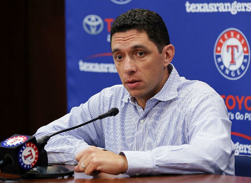 Texas Rangers general manager Jon Daniels responds to a question during a news conference about the trade of pitcher Yu Darvish before a baseball game against the Seattle Mariners on Monday, July 31, 2017, in Arlington, Texas. 