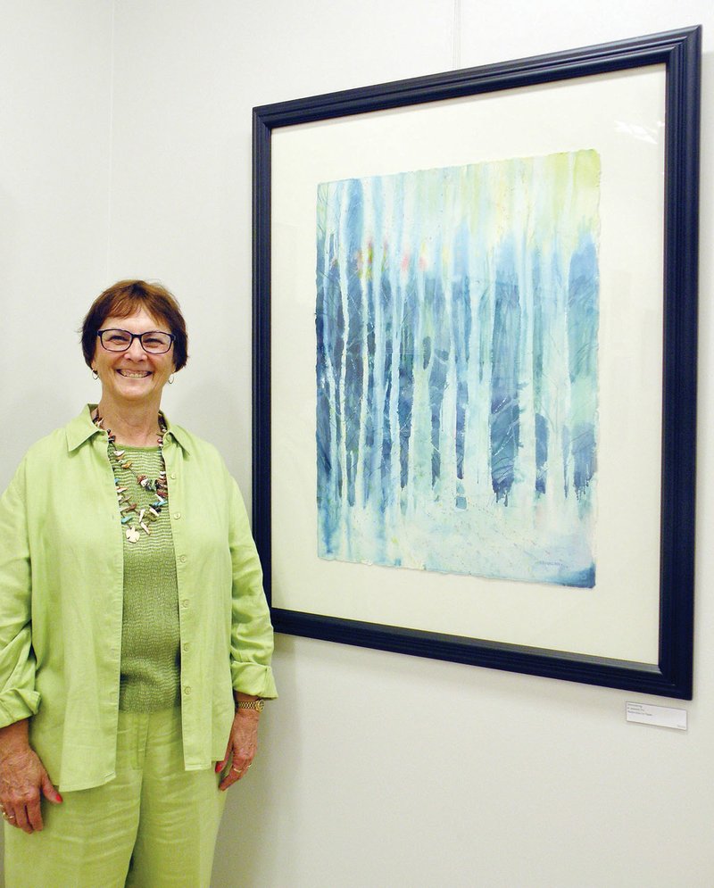 B. Jeannie Fry has 20 pieces of her art in the exhibit Three Stories … Shared, including this large watercolor on paper, Shimmering.