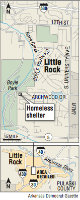 Map showing the location of a homeless shelter in Little Rock