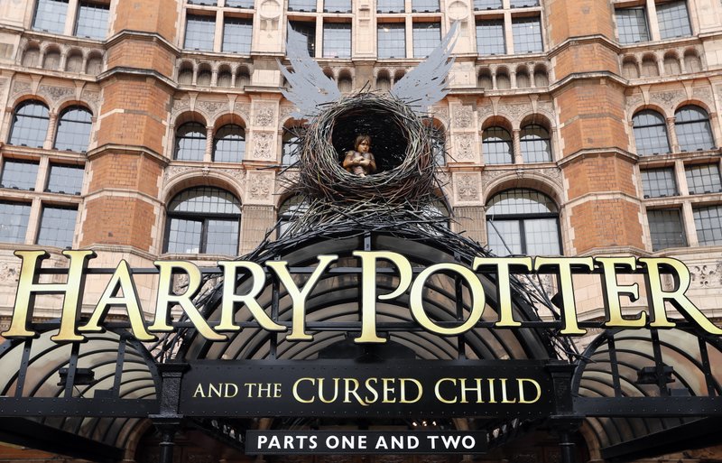 FILE - In this Thursday, July 28, 2016 file photo, the Palace Theatre in London shows advertising for the new Harry Potter play. The lead actors from the acclaimed London production of "Harry Potter and the Cursed Child" are joining the show on Broadway.