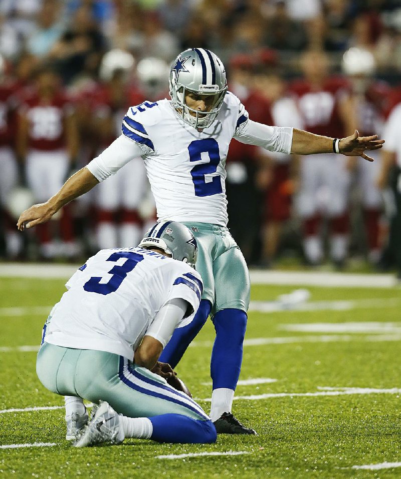 Sam Irwin-Hill (2) of the Dallas Cowboys, who was a punter in college for the Arkansas Razorbacks, kicks a 26-yard field goal in the first half of Thursday night’s Hall of Game in Canton, Ohio. Irwin-Hill’s 43-yard field goal in the fourth quarter proved to be the winning margin.  