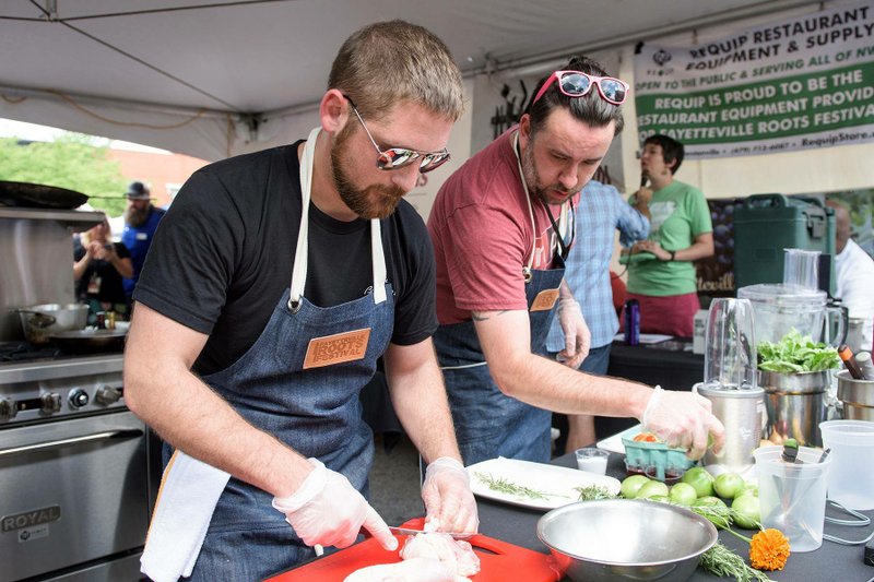 Arkansas chefs Matt Scott of Bordinos and Jason Paul of Heirloom were the champions of last year’s chef cook-off on the square during the Fayetteville Farmers’ Market. Chefs are given $50 each to purchase their ingredients from the market, then have 45 minutes to create a dish for the competition while Case Dighero — emcee and director of culinary programming and events at Crystal Bridges Museum of American Art —gives everyone a hard time.