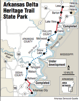 Map showing the Arkansas Delta Heritage Trail State Park