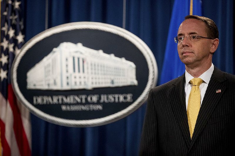 Deputy Attorney General Rod Rosenstein attends a briefing at the Justice Department in Washington, Friday, Aug. 4, 2017, on leaks of classified material threatening national security, one week after President Donald Trump complained that he was weak on preventing such disclosures. 