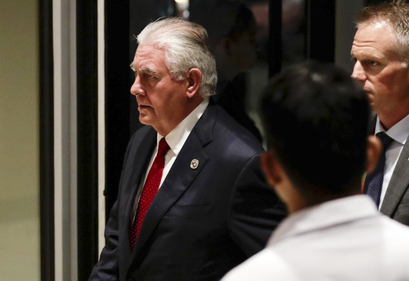 U.S. Secretary of State Rex Tillerson arrives at the Conrad hotel for his bilateral meeting with China on the sidelines of the Southeast Asian Nations (ASEAN) Foreign Ministers' Meeting (AMM) and Related Meetings in suburban Pasay city, southeast of Manila, Philippines Sunday, Aug. 6, 2017. 