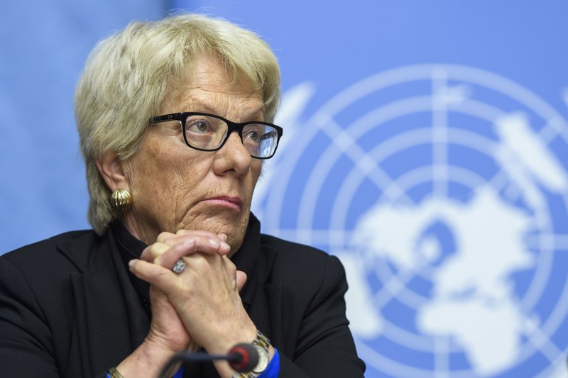 FILE- In this Wednesday, March 1, 2017 file photo, Carla del Ponte, Member of the Independent Commission of Inquiry on the Syrian Arab Republic, attends a press conference, at the European headquarters of the United Nations in Geneva, Switzerland. 