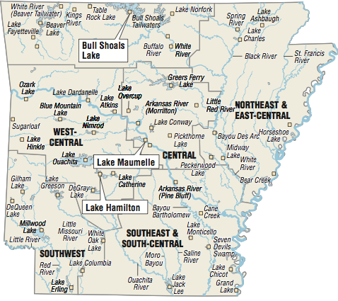 A map showing the location of Arkansas fishing spots.
