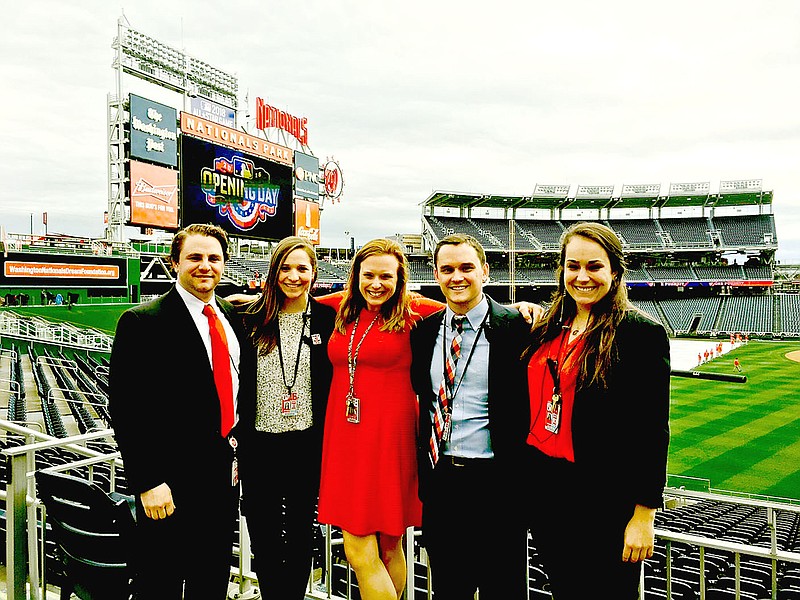 Submitted photo Michaela Larabee, a 2011 Farmington graduate, earned a Master&#8217;s Degree in Sports Industry Management from Georgetown University in 2016. She is pictured working as an intern with the Washington Nationals Ballpark Operations team on opening day, April 4, 2016. (From left): Andrew Lieberman, Larabee, Lisa Marie Czop, Kevin Kelley, and Alexa McCarthy. Larabaee was hired in July as Assistant Manager of Events by the Nationals. She played shortstop for the Lady Cardinal 2011 state championship softball team.