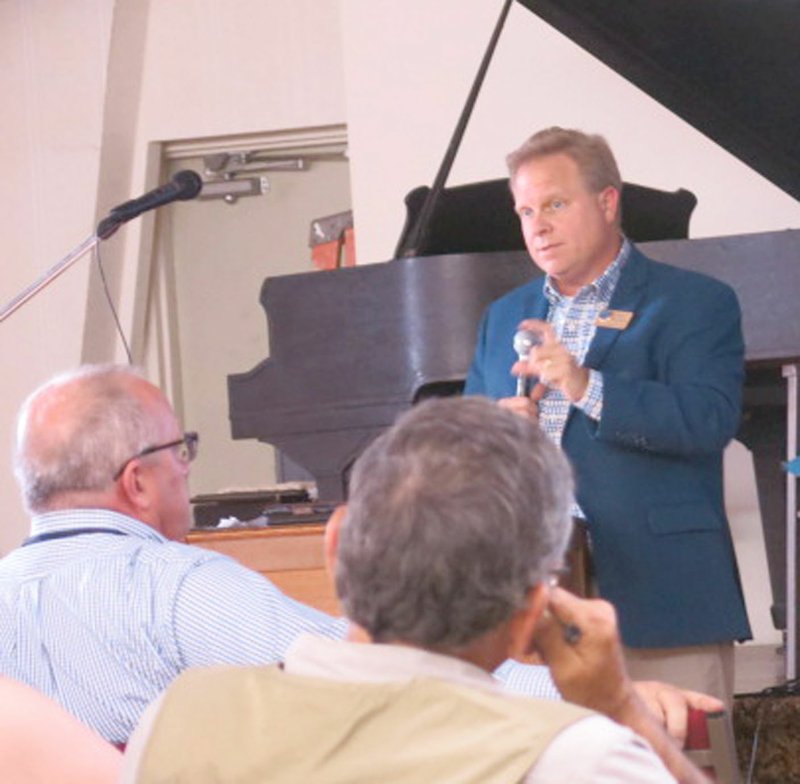 Photo by Susan Holland County Judge Barry Moehring gave an overview of the workings of county government at the town hall meeting in Sulphur Springs August 7. A question and answer session followed at which he heard from several area citizens and assured each one that their concerns would be addressed. The meeting was attended by approximately 100 persons.