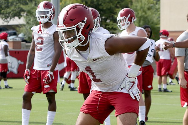 Arkansas cornerback Chevin Calloway goes through practice Tuesday, Aug. 1, 2017, in Fayetteville. 