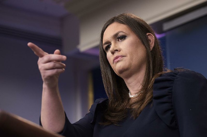 White House press secretary Sarah Huckabee Sanders speaks Aug. 1 during the daily brieÿng at the White House in Washington.