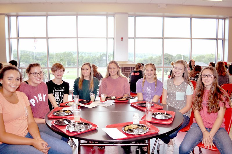 RACHEL DICKERSON/MCDONALD COUNTY PRESS Shye Hardin, left, Mollie Milleson, Jaimie Malone, Kaitlyn Cosgrove, Aubrey Forcum, Sydnie Sanny, Rylee Bradley and Azlen Smith attended Freshman Academy at McDonald County High School on Tuesday.