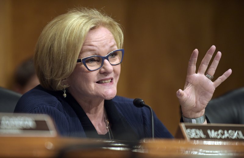 FILE - In this June 6, 2017, file photo, Senate Homeland Security and Governmental Affairs Committee ranking member Sen. Claire McCaskill, D-Mo., asks a question during a hearing on Capitol Hill in Washington. (AP Photo/Susan Walsh, File)