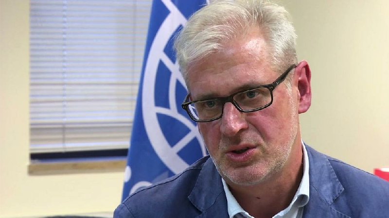 Laurent de Boeck the International Organisation for Migration (IOM) Chief of Mission for Yemen, talks to The Associated Press in Brussels, after a boat load of migrants were forced to abandon their boat by migrant smugglers, leaving five migrants dead and more than 50 still missing in the sea off the coast of Yemen, Thursday Aug. 10, 2017. 