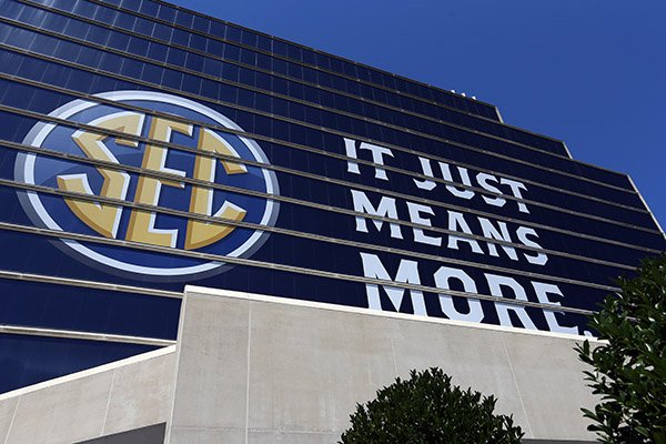 The SEC logo is shown outside of the Hyatt Regency hotel for the NCAA college football Southeastern Conference's annual media gathering, Monday, July 10, 2017, in Hoover, Ala. (AP Photo/Butch Dill)
