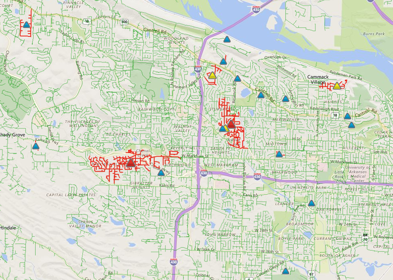 This screenshot from the Entergy outage map shows outlined in red areas that were without power around 1:30 p.m. Friday.