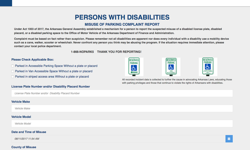 This screenshot shows a new state website where tips can be submitted about the improper use of parking spaces for people with disabilities.