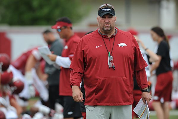 Arkansas coach Bret Bielema watches Tuesday, Aug. 1, 2017, during practice at the university's practice field in Fayetteville. 
