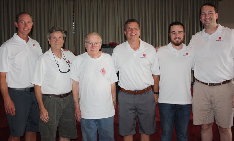 NWA Democrat-Gazette/CARIN SCHOPPMEYER Alan Lane (from left), Conrad Odom, Bobby Odom, Mark Lindsay, Thomas Odom and Bryant Crooks welcome guests to the annual Odom Seafood Jubilee on July 28 at the Elks Lodge in Fayetteville.