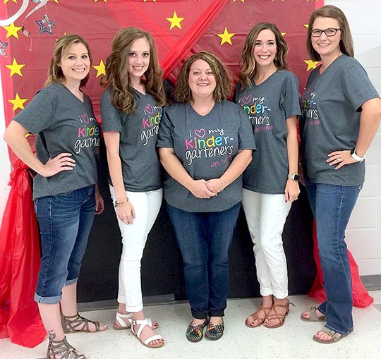 Submitted photo Fountain Lake Elementary School kindergarten teachers, from left, Jasmin Norman, Madison Pierce, LeeAnn Garrett, Amber Mishler and Amanda Craver recently hosted a "Popcorn on the Playground" open house for all 2017-18 kindergarten students and family members. Students and parents were able to get acclimated with their new classrooms and teachers, as well as enjoy some popcorn and bouncy toys.