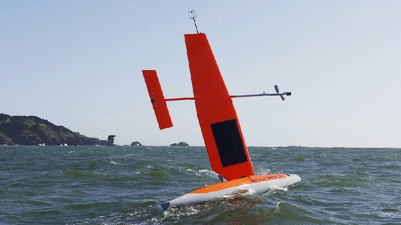 An autonomous Saildrone vehicle maneuvers during a data collection mission in the Pacific Ocean off the California coast in April, one of the private-sector projects a Defense Department office is funding.