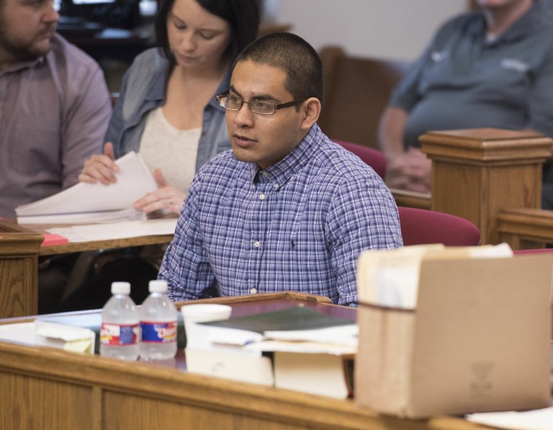 NWA Democrat-Gazette/J.T. WAMPLER Rodolfo Martinez watches the proceedings during jury selection Monday at the Washington County Courthouse in Fayetteville. Martinez is charged with accomplice to capital murder and accomplice to the unlawful discharge of a firearm from a vehicle in connection with a fatal drive-by shooting in Springdale in April 2015.
