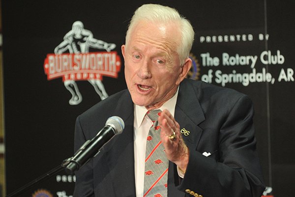 Former Arkansas athletics director Frank Broyles speaks during a press conference announcing the creation of the Burlsworth Trophy on Monday, Aug. 23, 2010, in Fayetteville. 
