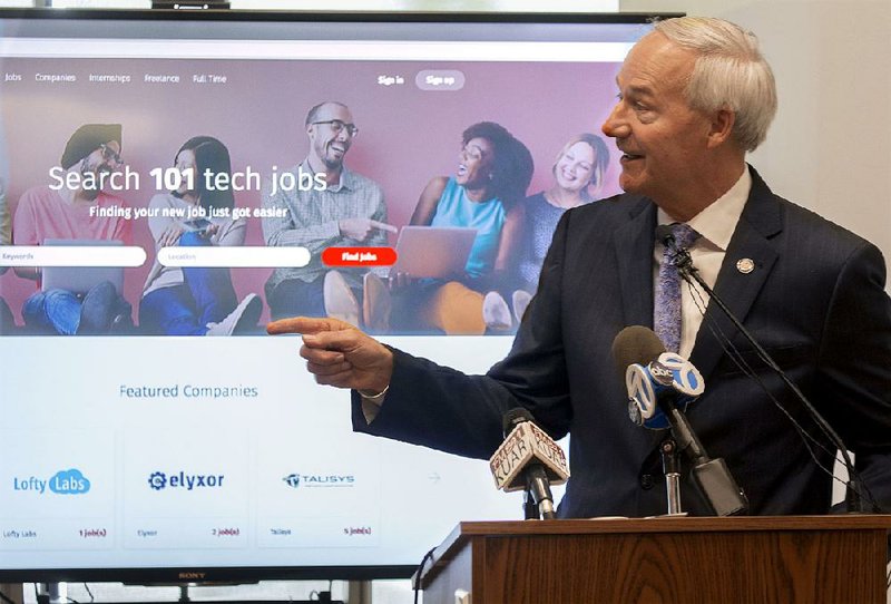 Gov. Asa Hutchinson announced a new website Tuesday that lists technology job openings in Arkansas at a news conference at the Little Rock Tech Park. The site, artechjobs.com, will be operated by the Arkansas Economic Development Commission. 