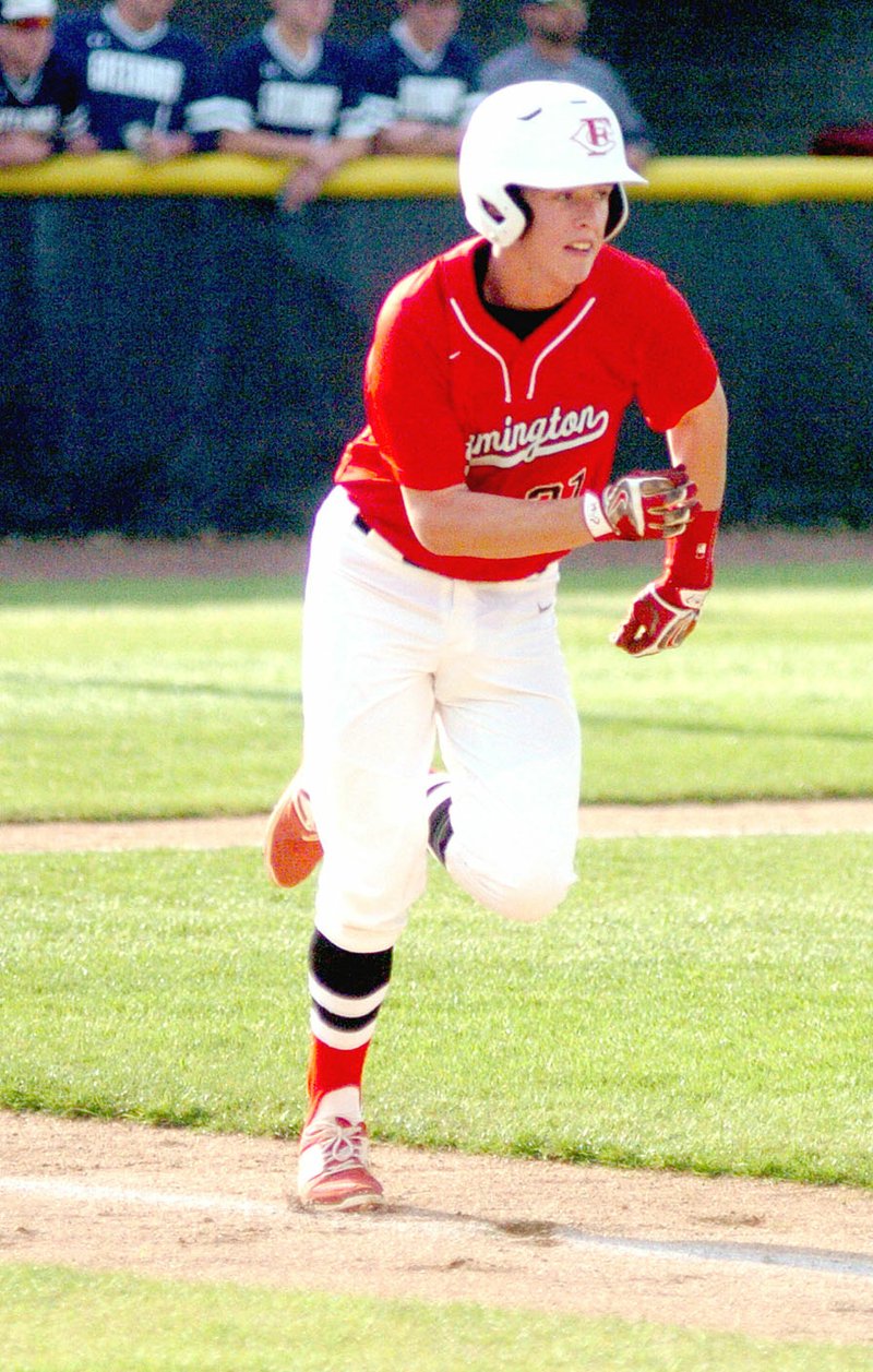 MARK HUMPHREY ENTERPRISE-LEADER/Farmington&#8217;s Ryan Larkin, shown running for first against Greenwood, earned All-State status as a senior. Larkin played third base in 2017, posting a .400 batting average, 40 hits, 9 doubles, 1 home run, 20 RBIs, drawing 26 walks and scoring 41 runs.