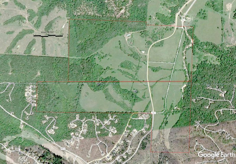Image submitted This aerial photograph&#8217;s red lines marks the approximate location of the boundaries of the Bella Vista Property Association&#8217;s so-called Ark-Mo land. Bella Vista real estate agent Linda Loyd proposed she buy the land so she can develop it into residential housing.