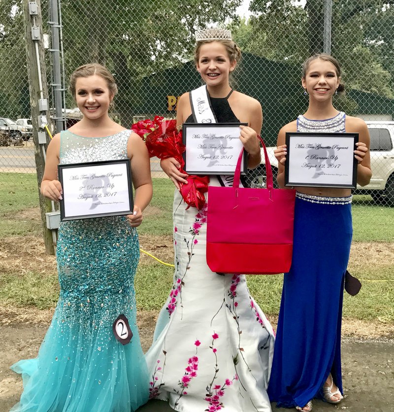 Photo by Maria Holloway Pictured are winners in the 2017 Miss Teen Gravette competition. They are, left to right, Tiffany Wheeler, 15, first runner-up; Mackenzie Stewart, 14, Miss Teen Gravette 2017; and Isabella Holloway, 13, first runner-up