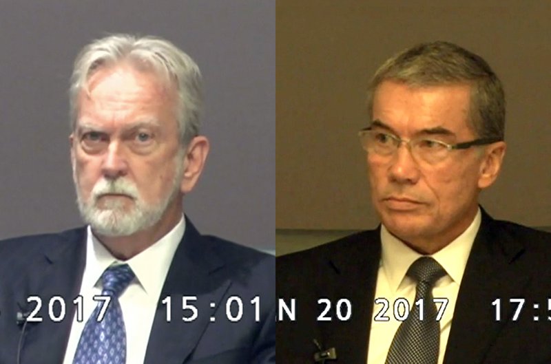 These undated still photos from trial deposition video, accepted as evidence in court and provided by the American Civil Liberties Union, shows psychologists James Mitchell, left, and John Jessen, defendants in a landmark lawsuit that the ACLU filed against the creators of the CIA's harsh interrogation program used in the war on terror. A settlement was reached Thursday, Aug. 17, 2017. Terms of the deal were not disclosed. 