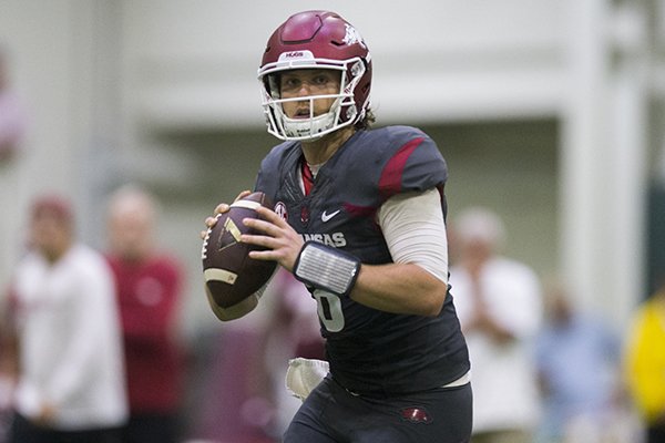 Arkansas quarterback Austin Allen goes through practice Saturday, April 29, 2017, in Fayetteville. 