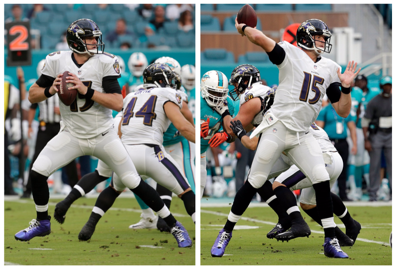 Baltimore Ravens quarterback Ryan Mallett, looks to pass the ball, during the first half of an NFL preseason football game against the Miami Dolphins, Thursday, Aug. 17, 2017, in Miami Gardens, Fla. (AP Photos/Lynne Sladky)
