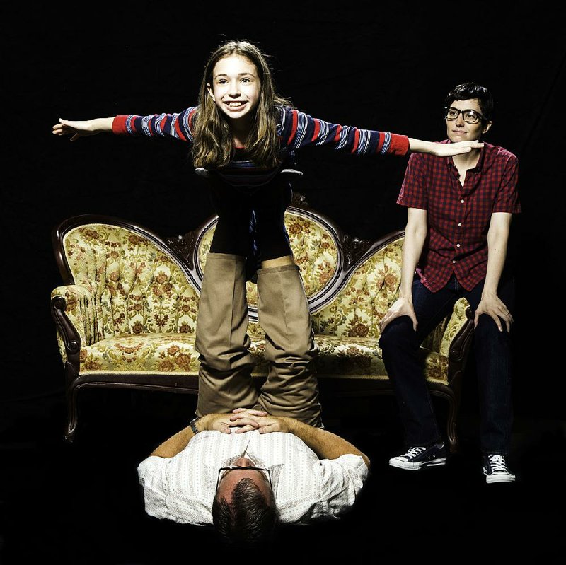Autumn Rae Shannon (top), Rob Sutton and Christiana Cole rehearse a scene from Fun Home, opening this week at TheatreSquared in Fayetteville.