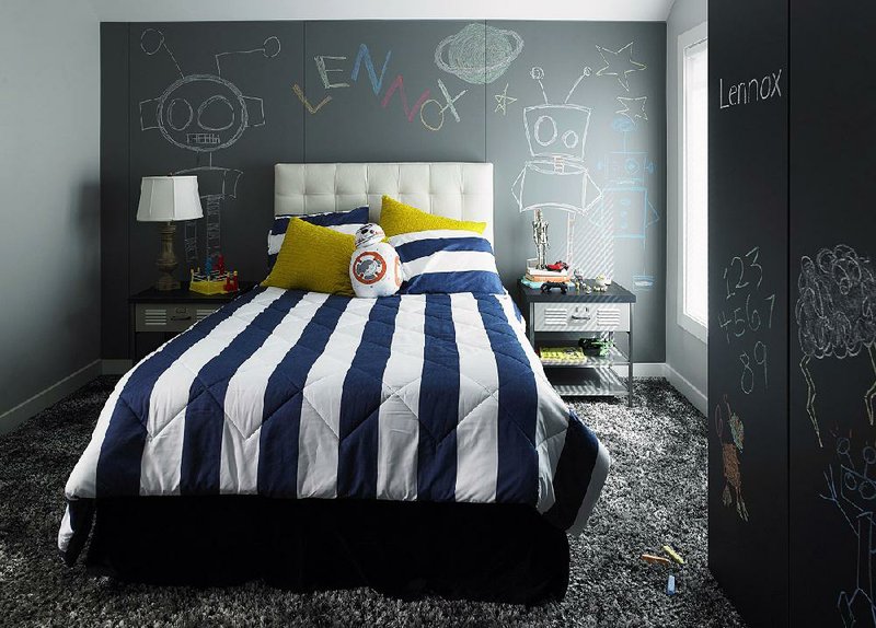A child’s bedroom includes the new Formica Writable Surfaces in the Black ChalkAble design and the Gray ChalkAble design.
