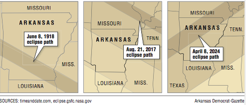 Maps showing eclipse paths in Arkansas 