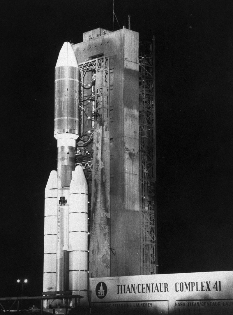 In this Aug. 20, 1977 photo provided by NASA, a Titan/Centaur 7 rocket stands ready at the launch pad with the 1,800-pound Voyager spacecraft at the Kennedy Space Center in Florida. The spacecraft departed from Cape Canaveral to explore Jupiter and Saturn. 