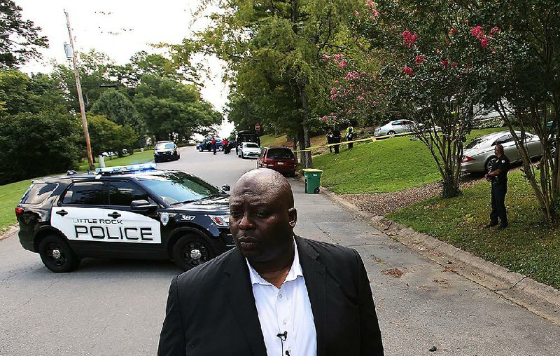 FILE – Little Rock Police Chief Kenton Buckner speaks with reporters about a double homicide Sunday in west Little Rock in August 2017.